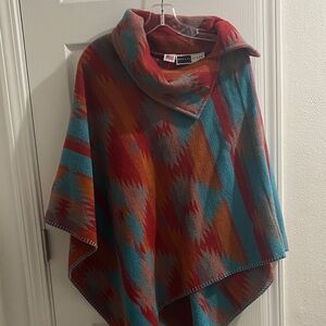 Vibrant Multicolor Poncho with Buttoned Collar accent Made in the USA. OS